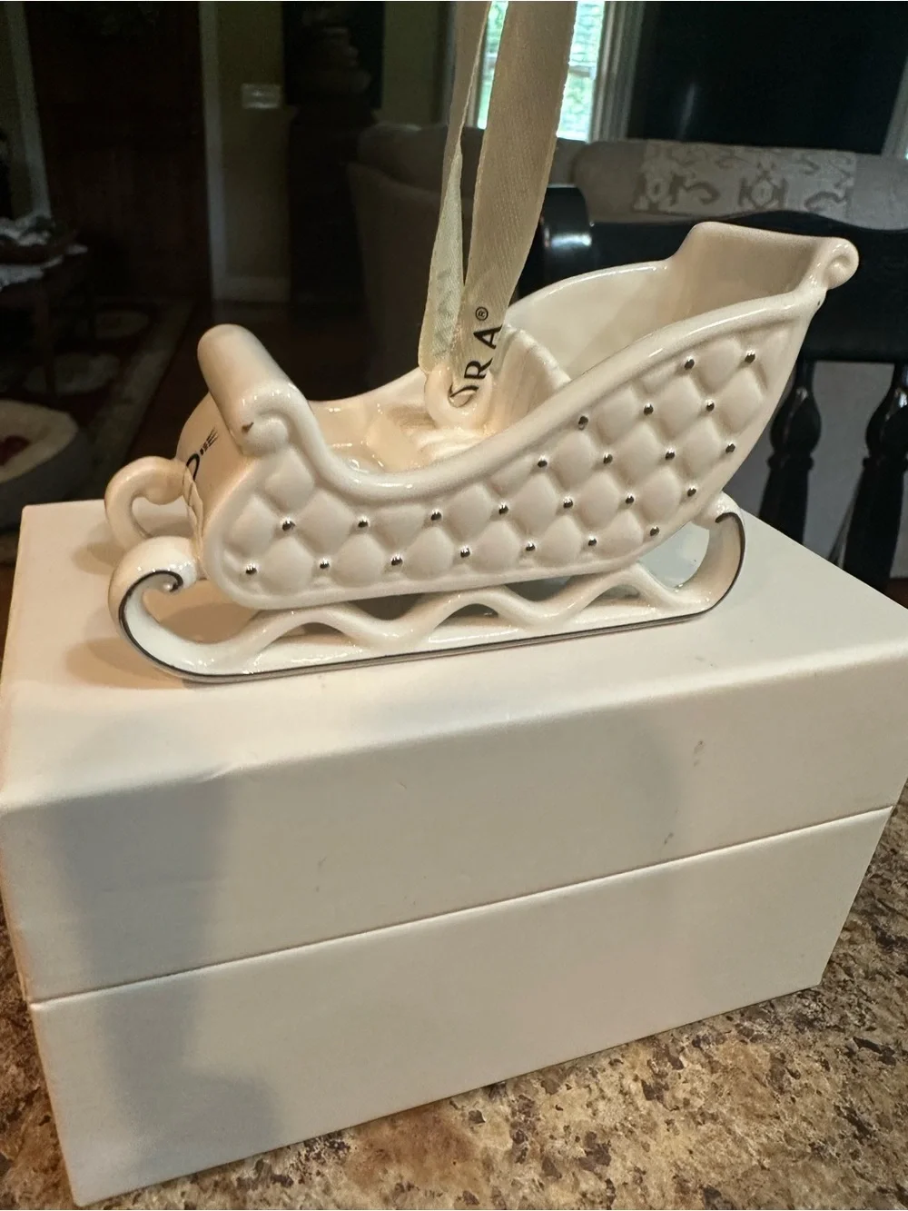 Pandora 2014 White Quilted Ceramic Sleigh Ornament with Ribbon in box